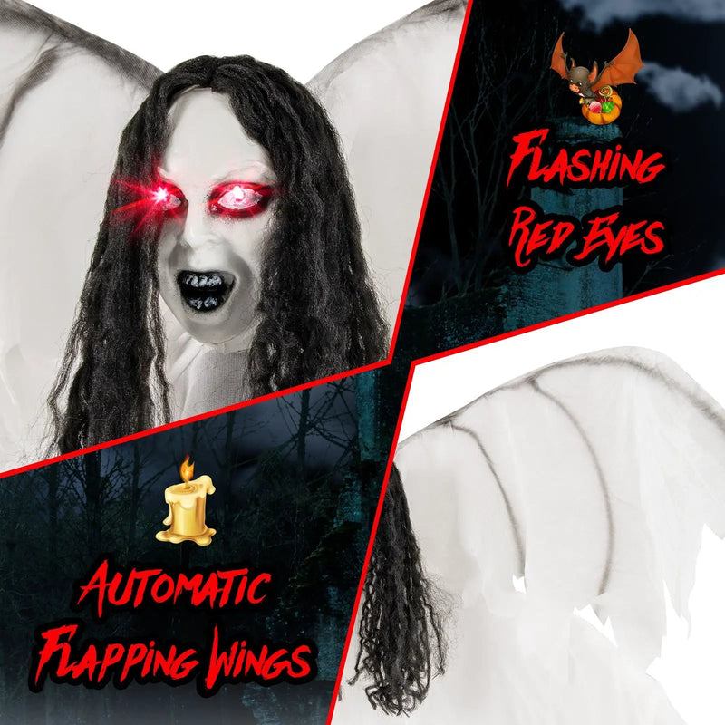 6.6 Feet Halloween Animatronic Standing Angel with Sound-Activated Light-up Eyes and Flapping Wings by DirectDeals