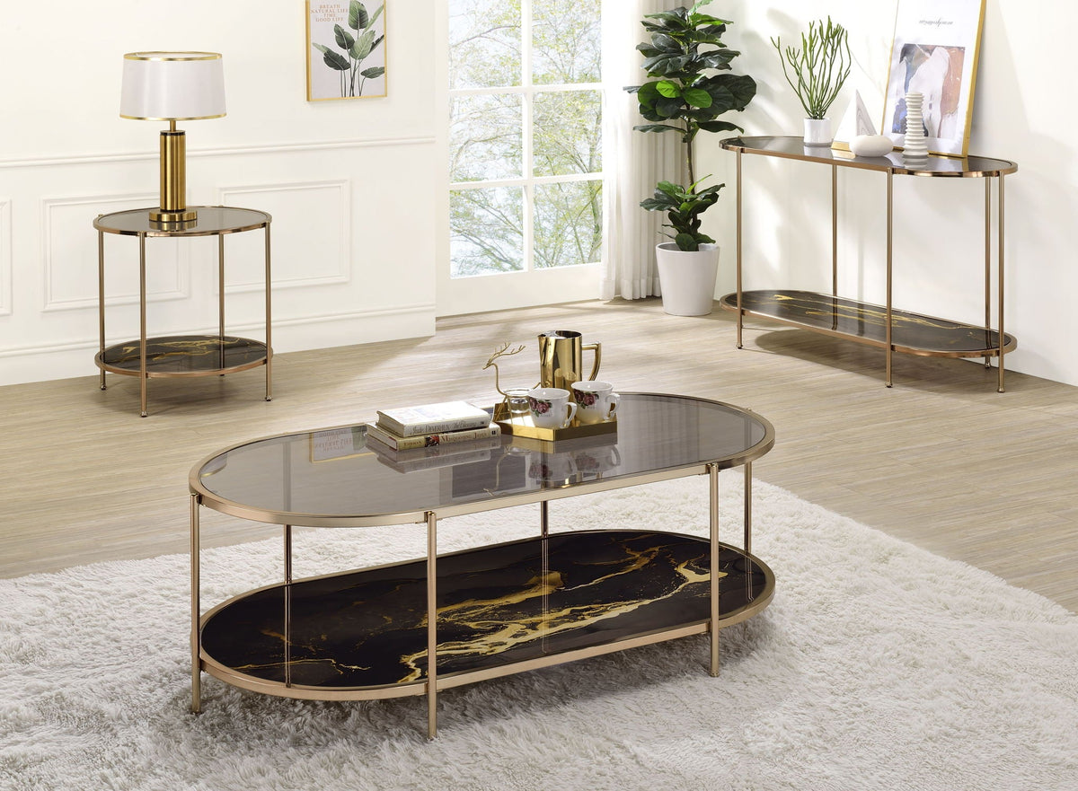 Fiorella Marble Print Glass Table with Durable Metal Frame - Black, photo 3 of 8