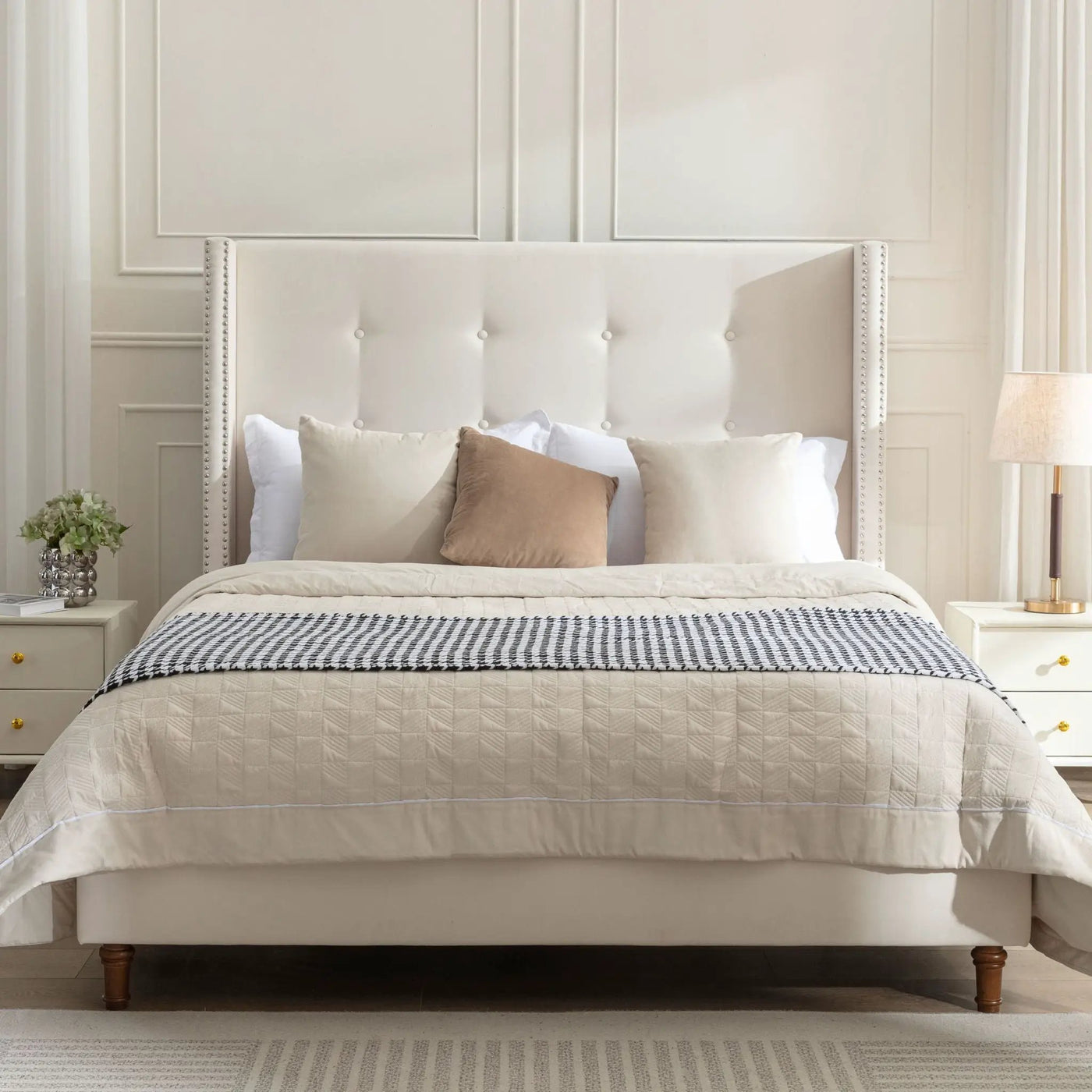 Peyton - Upholstered Bed With 54" High Headboard, Traditional Hand Buttoned Tufting by HouseOfZazla