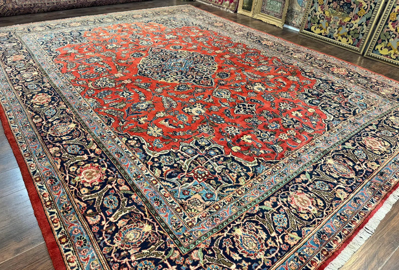 Red Persian Kashan Rug 10x14, Hand-Knotted Semi Antique Floral Medallion Handmade Wool Carpet, Red & Navy Blue by Jewel Rugs