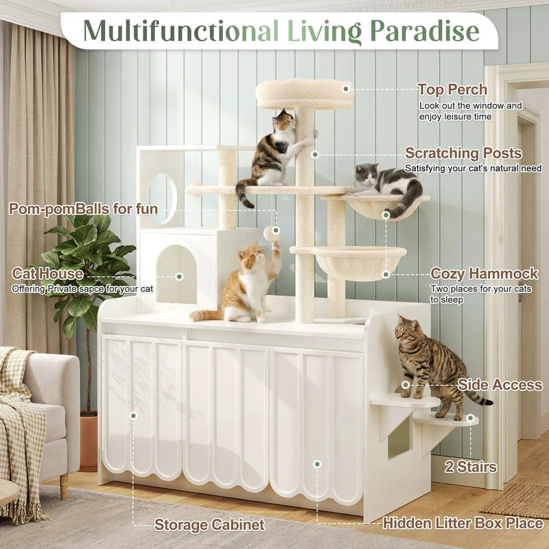 50.6" Cat Tree with Litter Box Enclosure, Sisal Scratching Post & Storage by HouseOfZazla