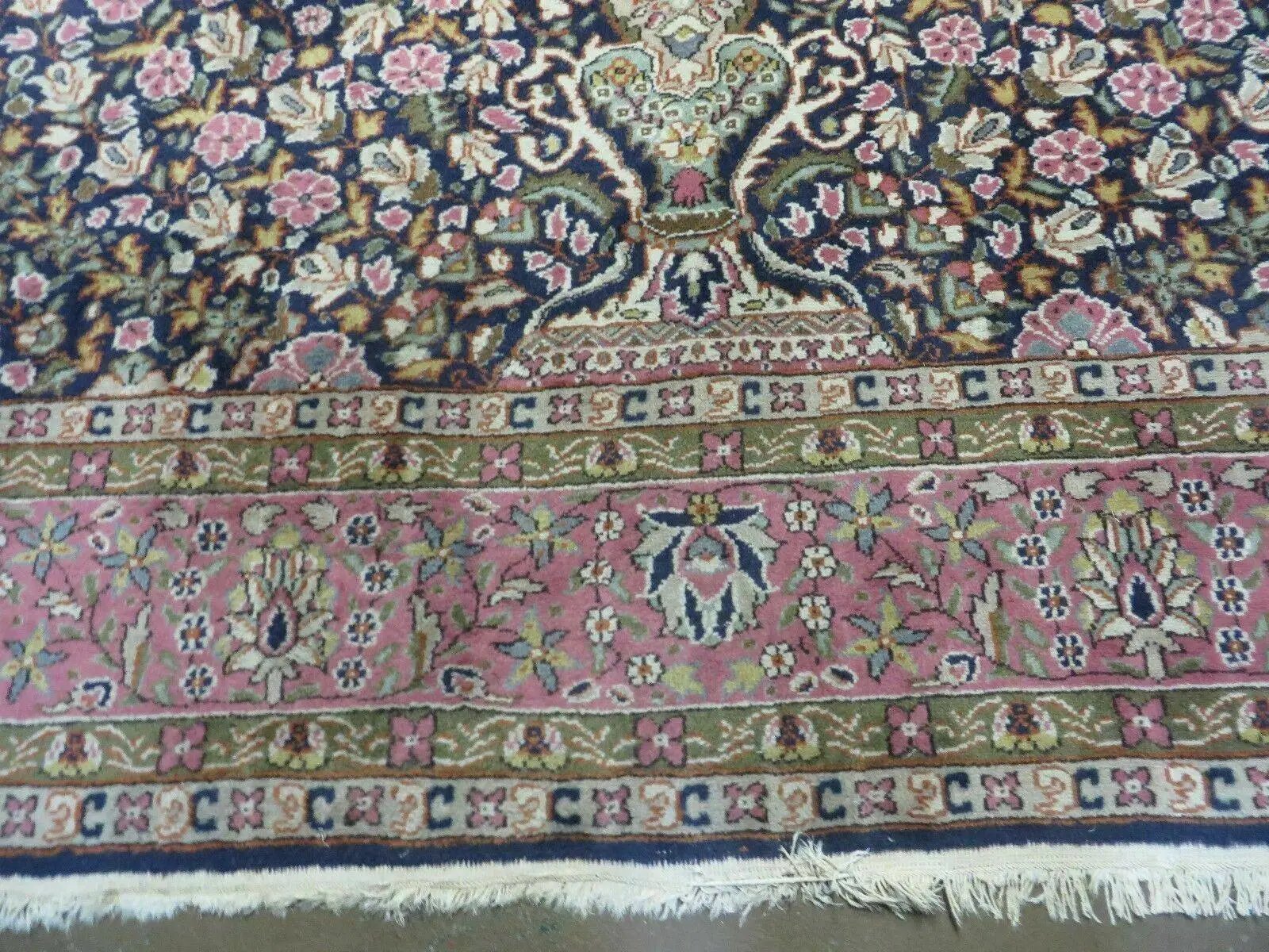 Turkish Sivas Rug 7x11, Navy Blue & Pink, Millifluer Floral Wool Carpet, Vintage by Jewel Rugs