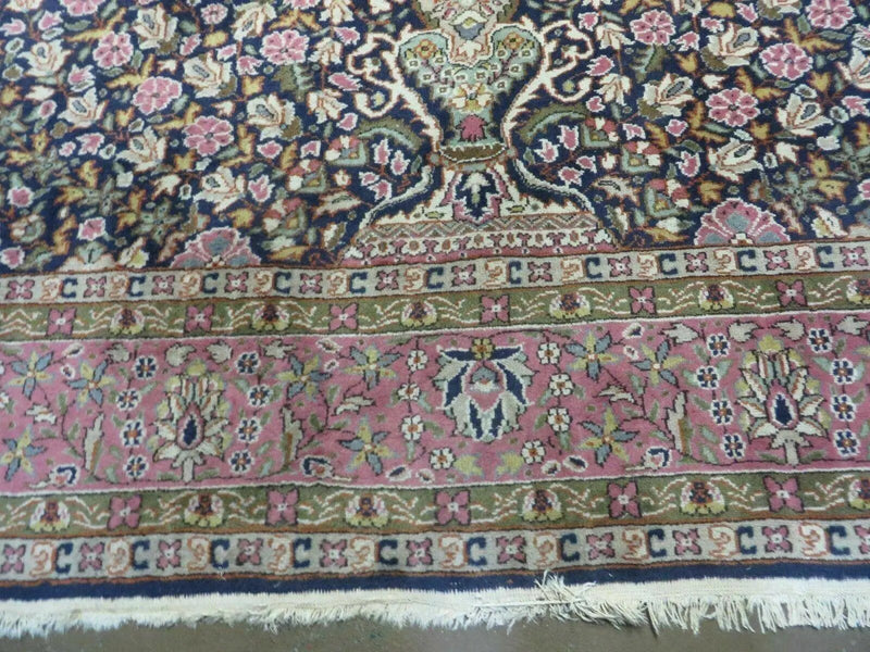 Turkish Sivas Rug 7x11, Navy Blue & Pink, Millifluer Floral Wool Carpet, Vintage by Jewel Rugs
