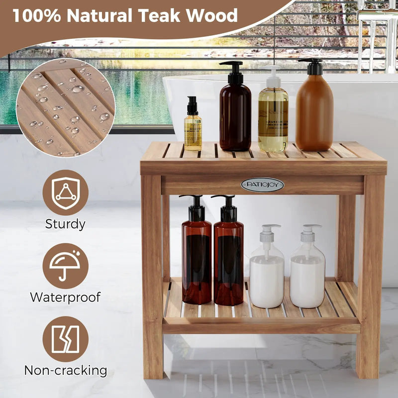 19 Inch Teak Wood Shower Bench Inside Shower Stool with Storage Shelf by DirectDeals