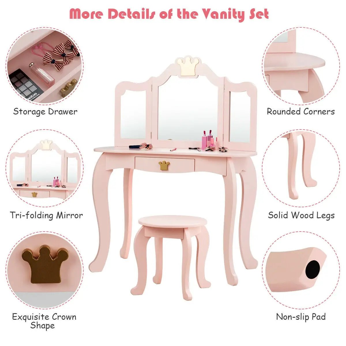 Kids Makeup Dressing Table with Tri-folding Mirror and Stool by DirectDeals