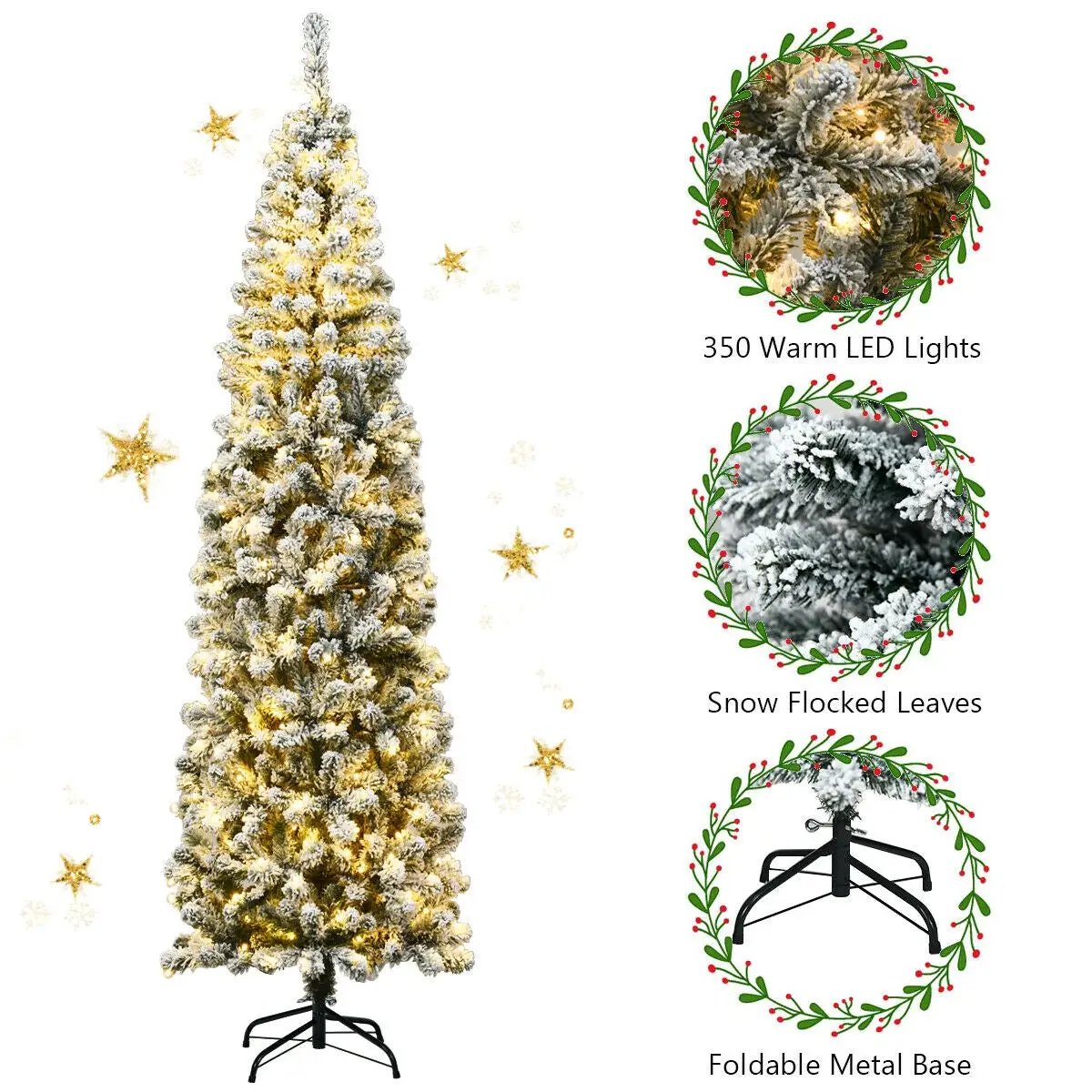 7.5 Feet Pre-lit Snow Flocked Artificial Pencil Christmas Tree with LED Lights by DirectDeals