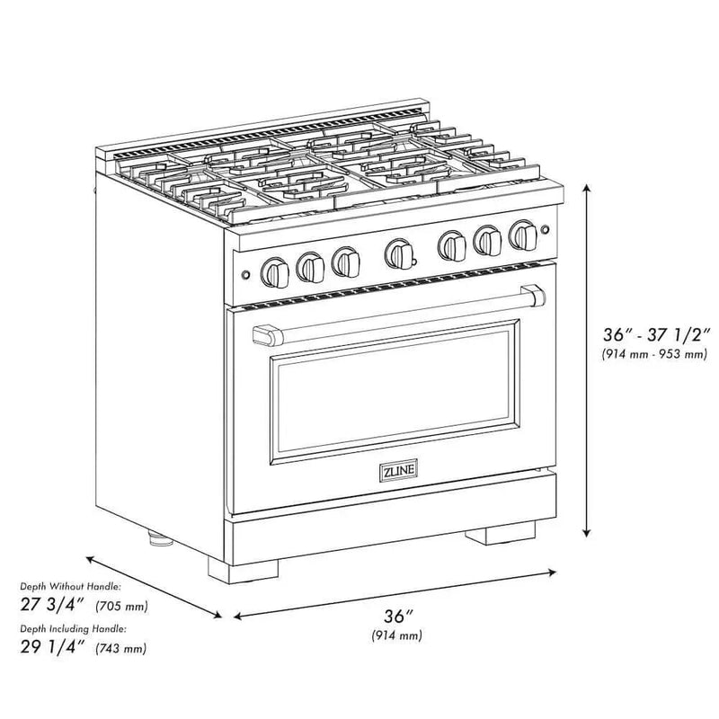 ZLINE 36"Gas Range, Convection Gas Oven , DuraSnow® Stainless Steel, SGRS-36 by Farmhouse Kitchen and Bath