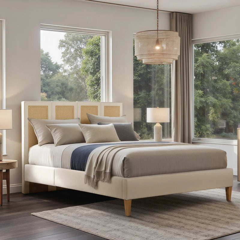 Toscana Queen Upholstered Cane Back Platform Bed by HouseOfZazla