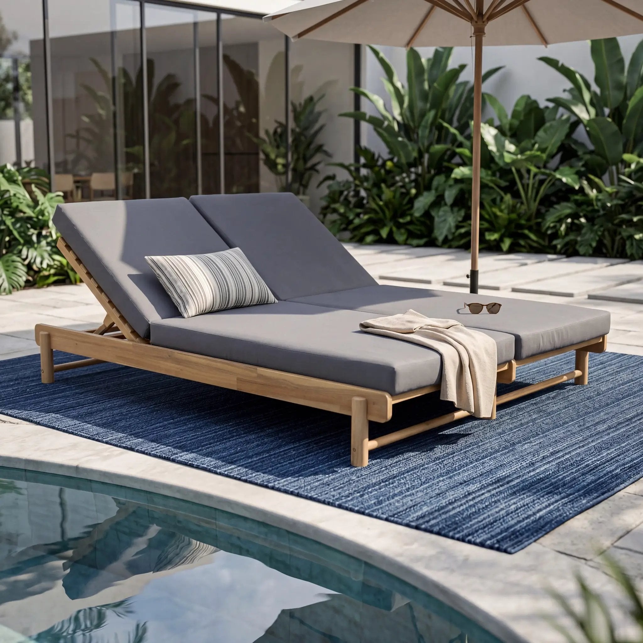 Light Teak Acacia Wood Double Chaise Lounger Set by HouseOfZazla