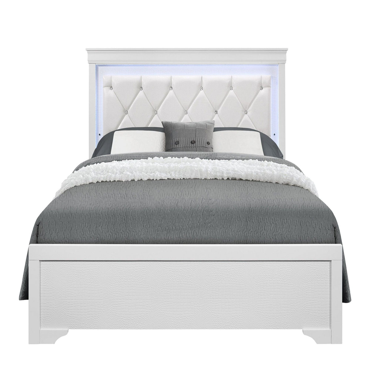Panel Bed with LED Lighting and Tufted Headboard - White or Dark Gray