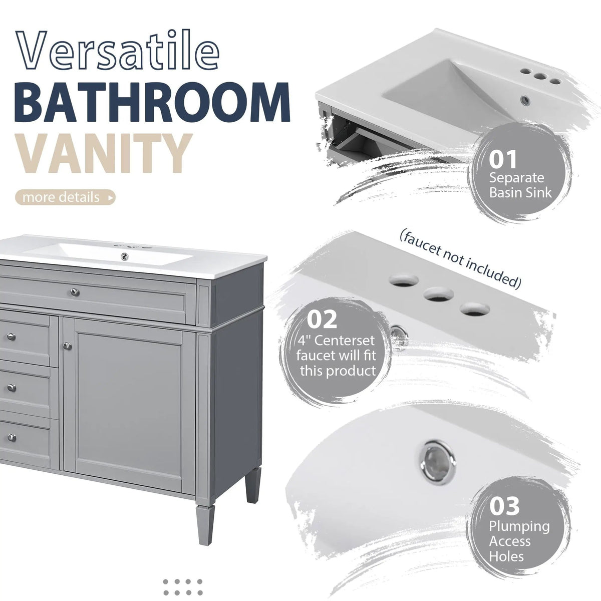 Bathroom Vanity With Mirror Cabinet, Single Sink With 2 Soft Closing Doors And 4 Drawers, photo 9 of 35