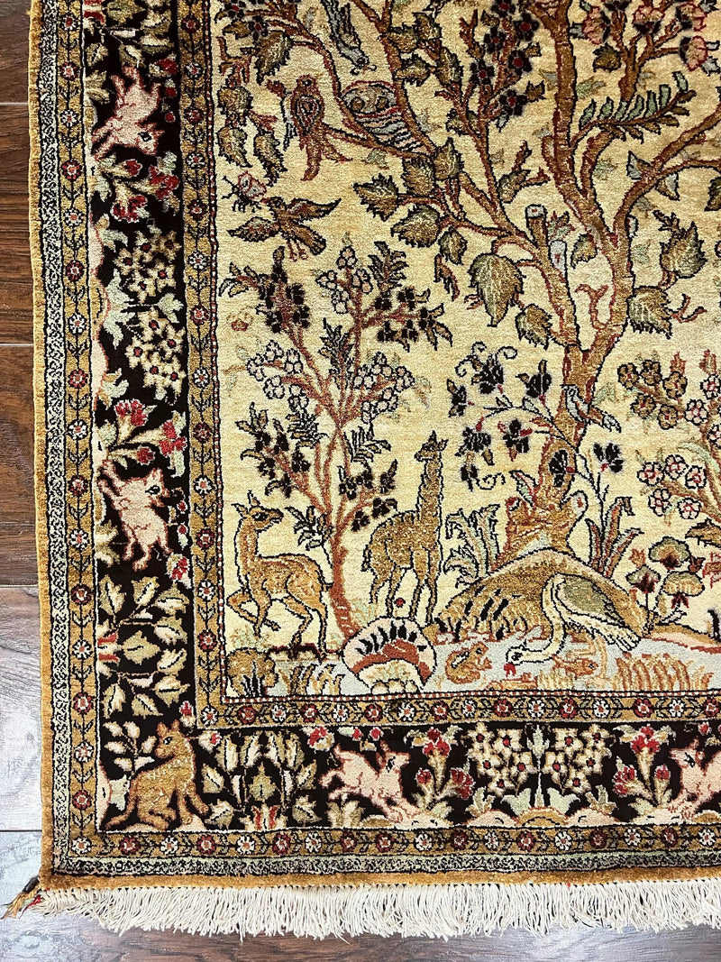 Silk Tree of Life Persian Qum Rug 3x4, Hand Knotted Vintage Carpet, Cream & Black, Very Fine Oriental Rug, Animal Pictorials, Birds by Jewel Rugs