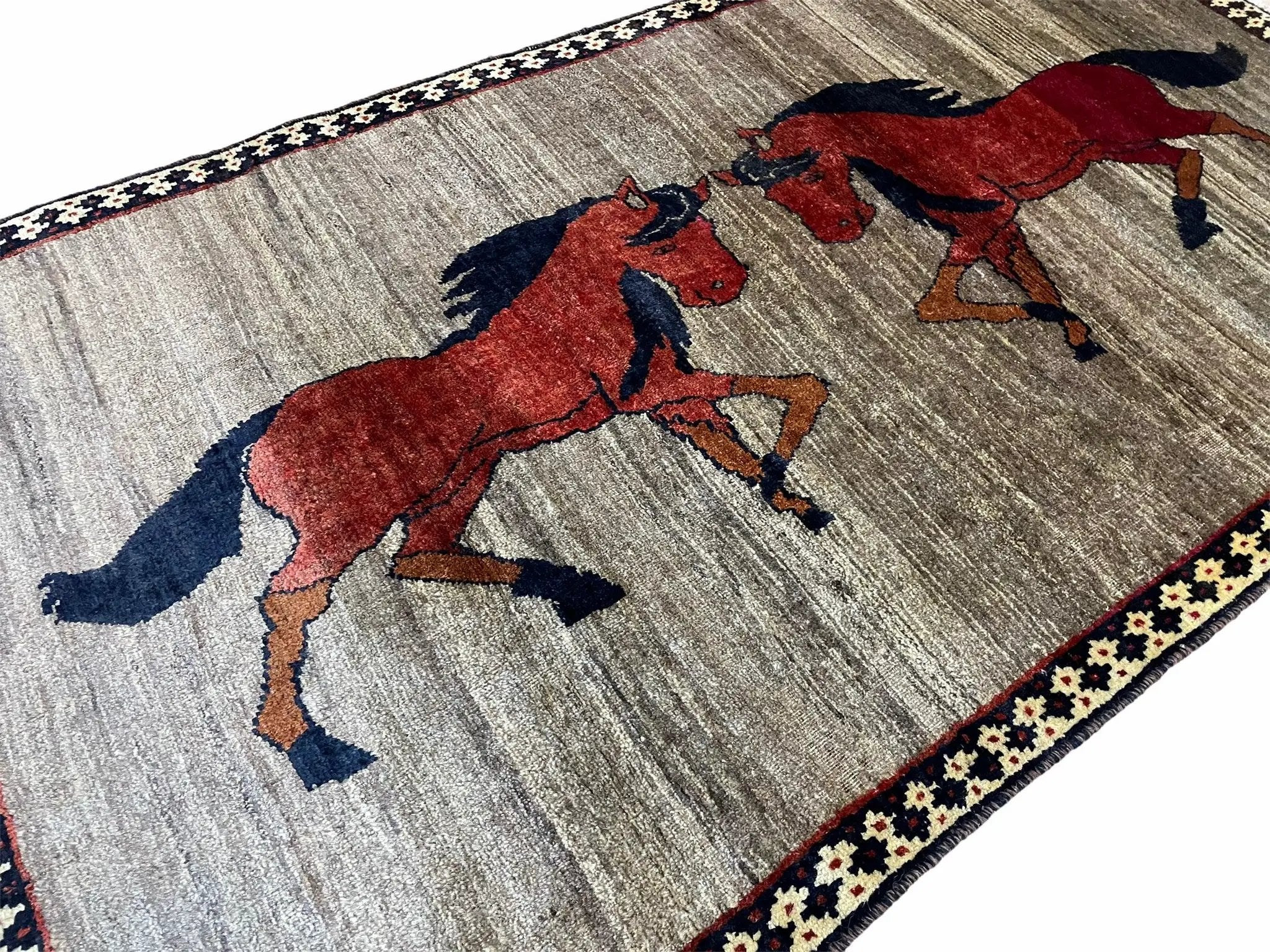 4 X 7 Handmade Hand-Knotted Quality Wool Rug Pictorial Horses Veggie Dyes Tribal by Jewel Rugs