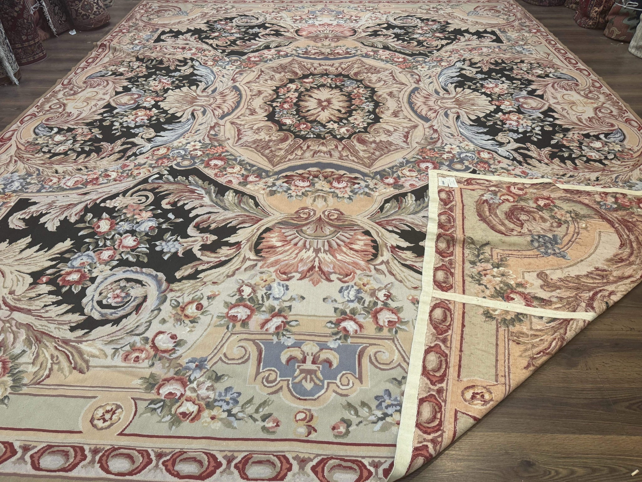 Wonderful Needlepoint Rug 10x14, Large Aubusson Carpet, Floral, Elegant, European Design by Jewel Rugs