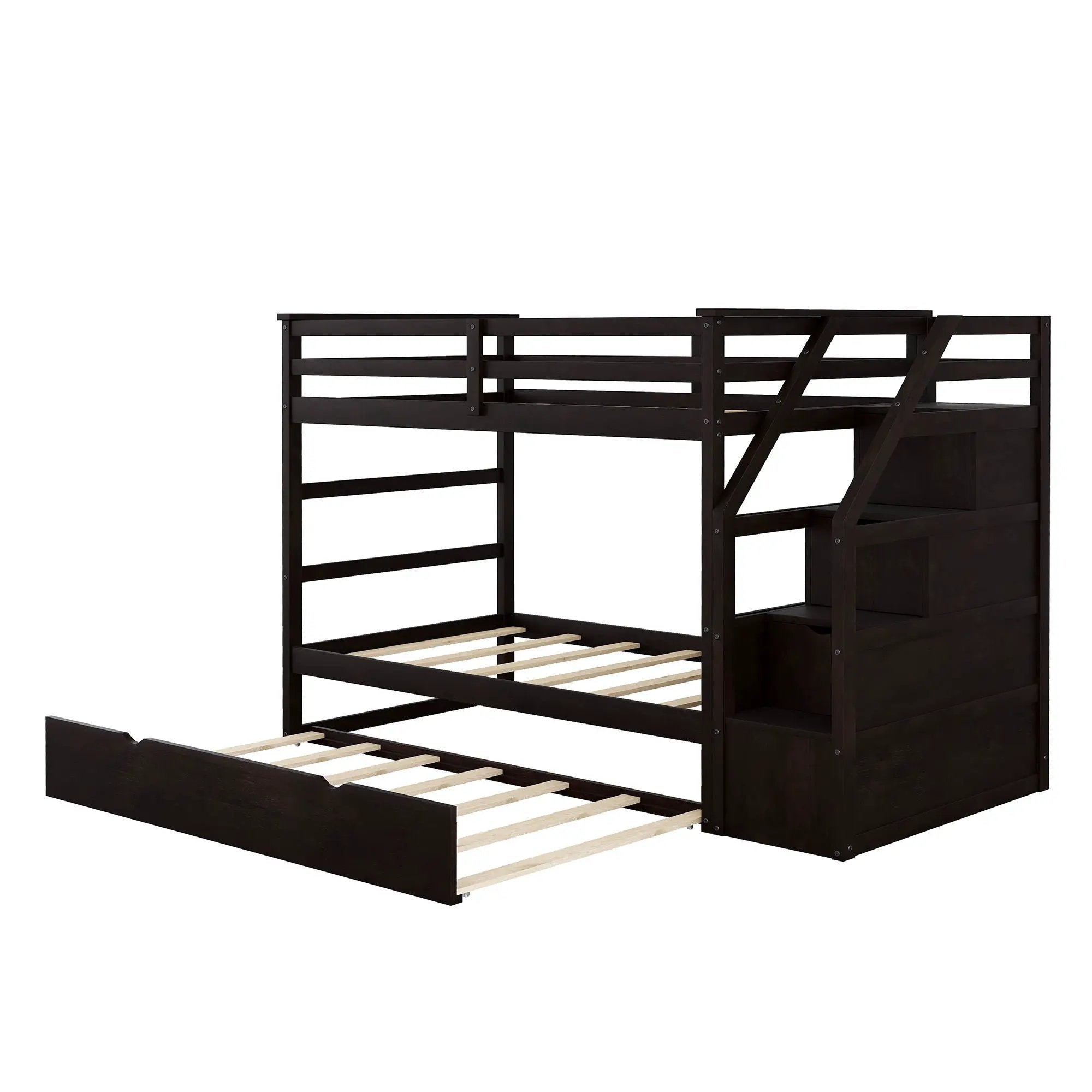 Twin Over Twin Bunk Bed With Twin Size Trundle And 3 Storage Stairs - Espresso by HouseOfZazla