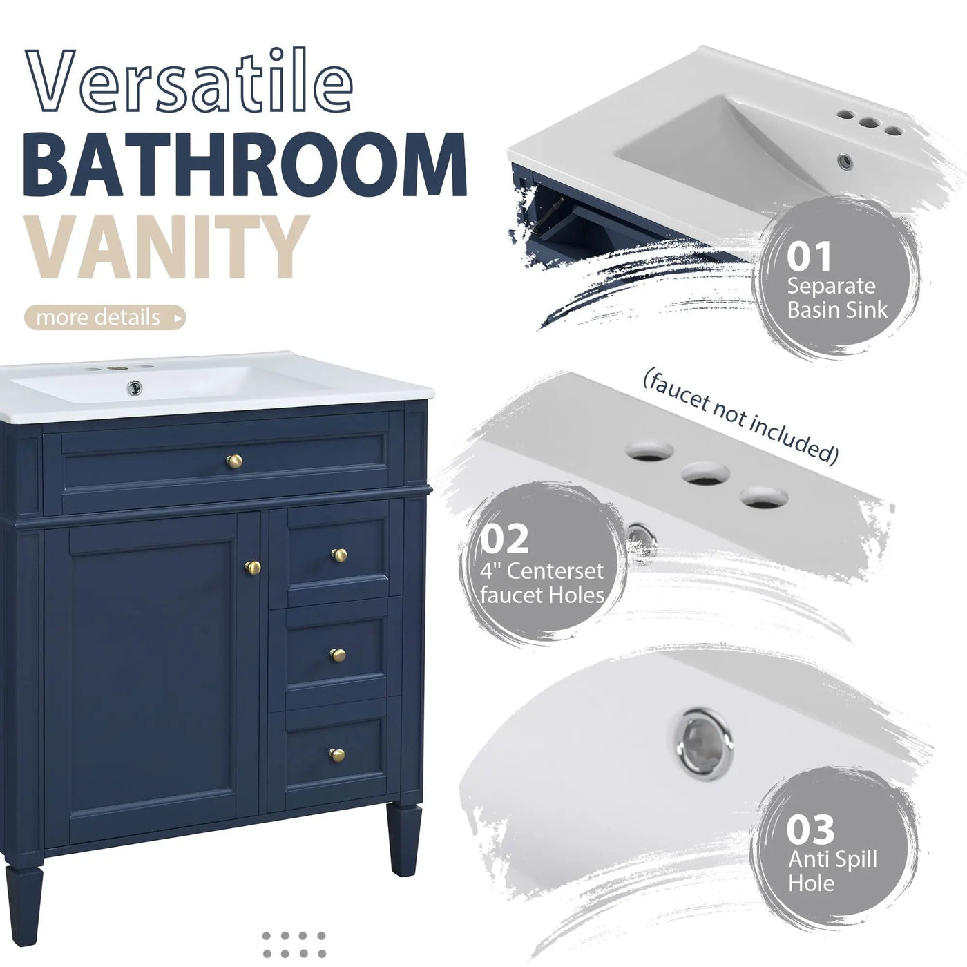 Bathroom Vanity With Top Sink, 2 Doors And 3 Drawers, Freestanding Set With Mirror Cabinet by Unique Piece Furniture
