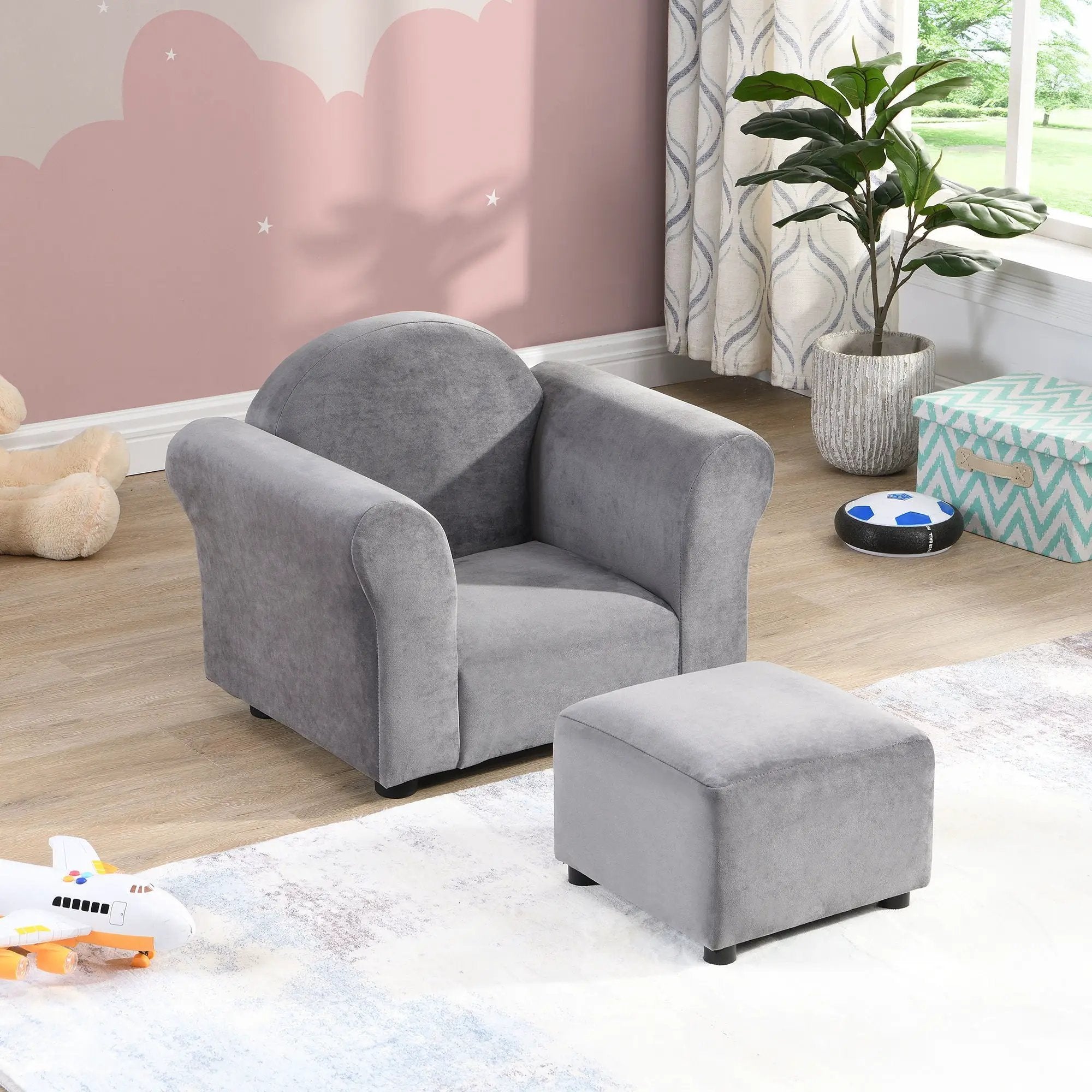 Kids Recliner Chair, Kids Upholstered Couch With Ottoman - Gray by Unique Piece Furniture