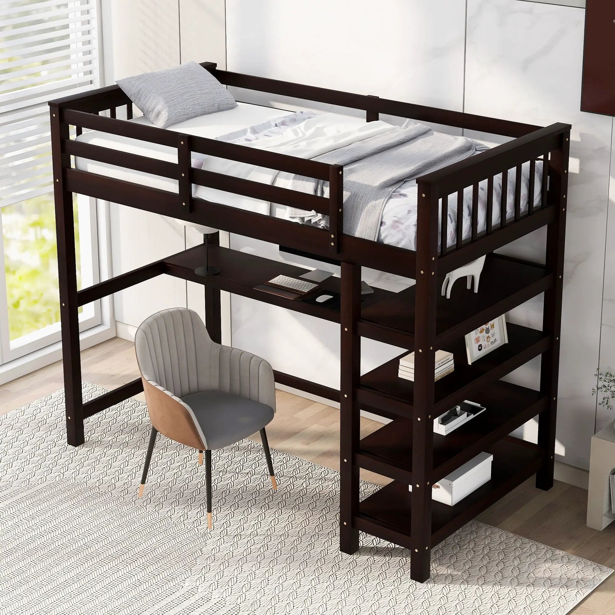 Loft Bed With Storage Shelves And Under Bed Desk by Unique Piece Furniture