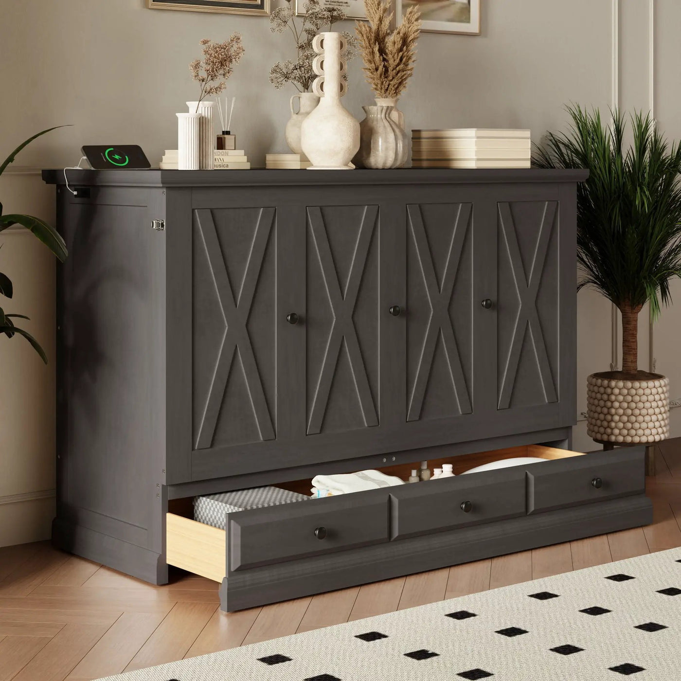 Solid Pine Murphy Bed Chest Cube Cabinet Bed With Charging Station And Large Storage Drawer For Home Office Or Small Room by HouseOfZazla