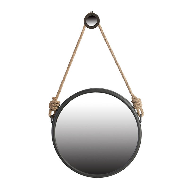 Black Circle Wall Mirror with Rope Strap - Contemporary Metal Frame