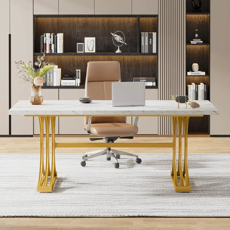 Executive Desk With X-Legs, Sturdy Office Workstation For Home Office - White / Gold by HouseOfZazla