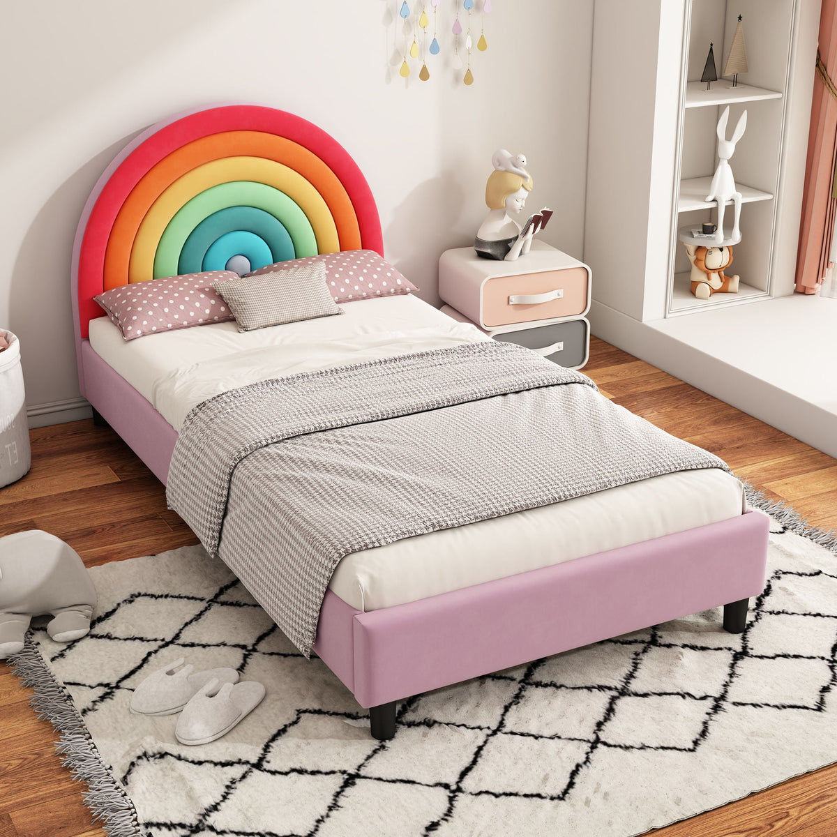 Rainbow Design Twin Upholstered Bed with Sturdy Wood Slats - Pink, photo 3 of 7