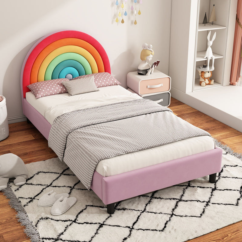 Rainbow Design Twin Upholstered Bed with Sturdy Wood Slats - Pink, photo 3 of 7