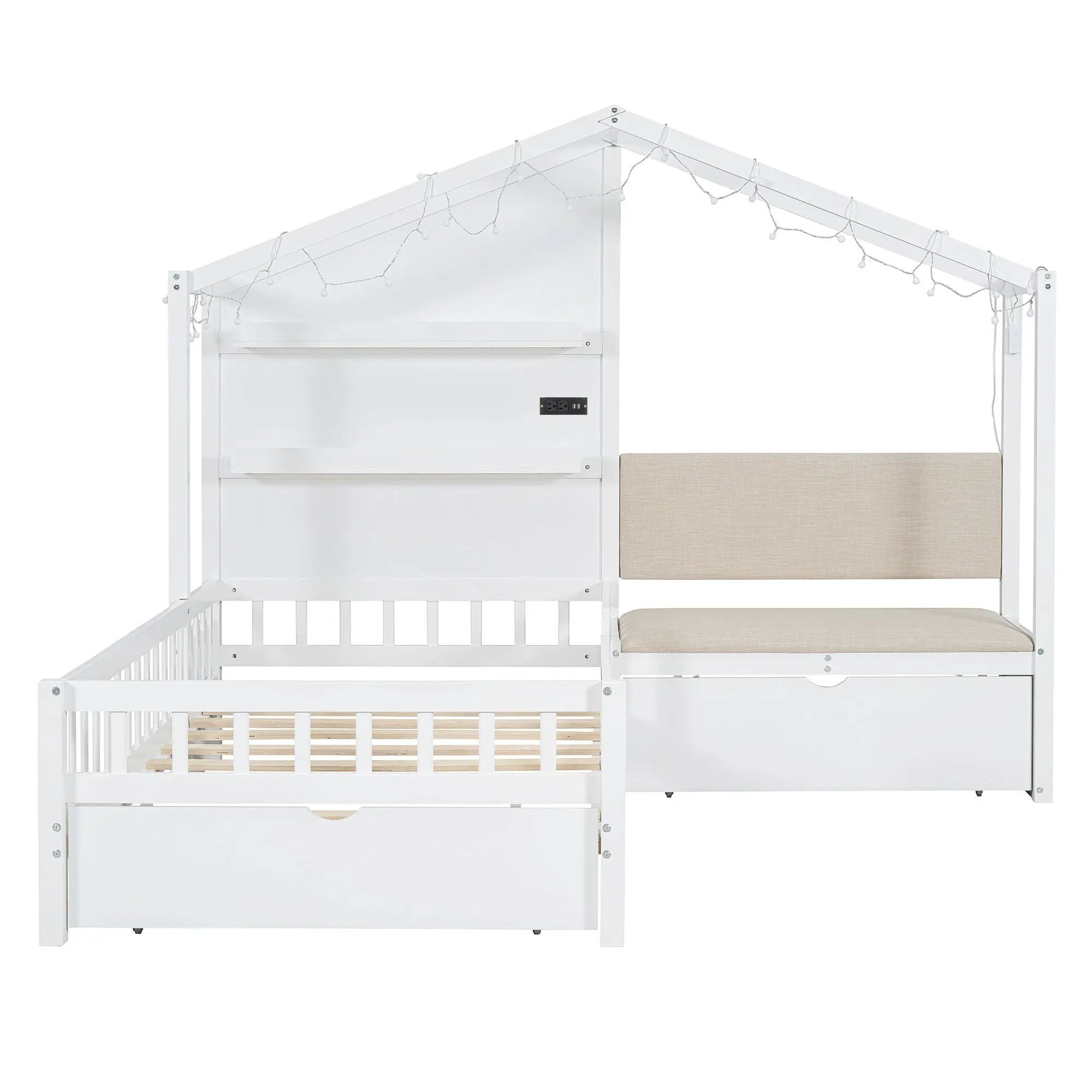 House Bed With Upholstered Sofa, Wireless Charging Station, Shelves And 2 Drawers by HouseOfZazla