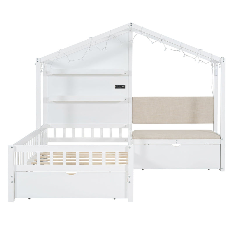 House Bed With Upholstered Sofa, Wireless Charging Station, Shelves And 2 Drawers by HouseOfZazla