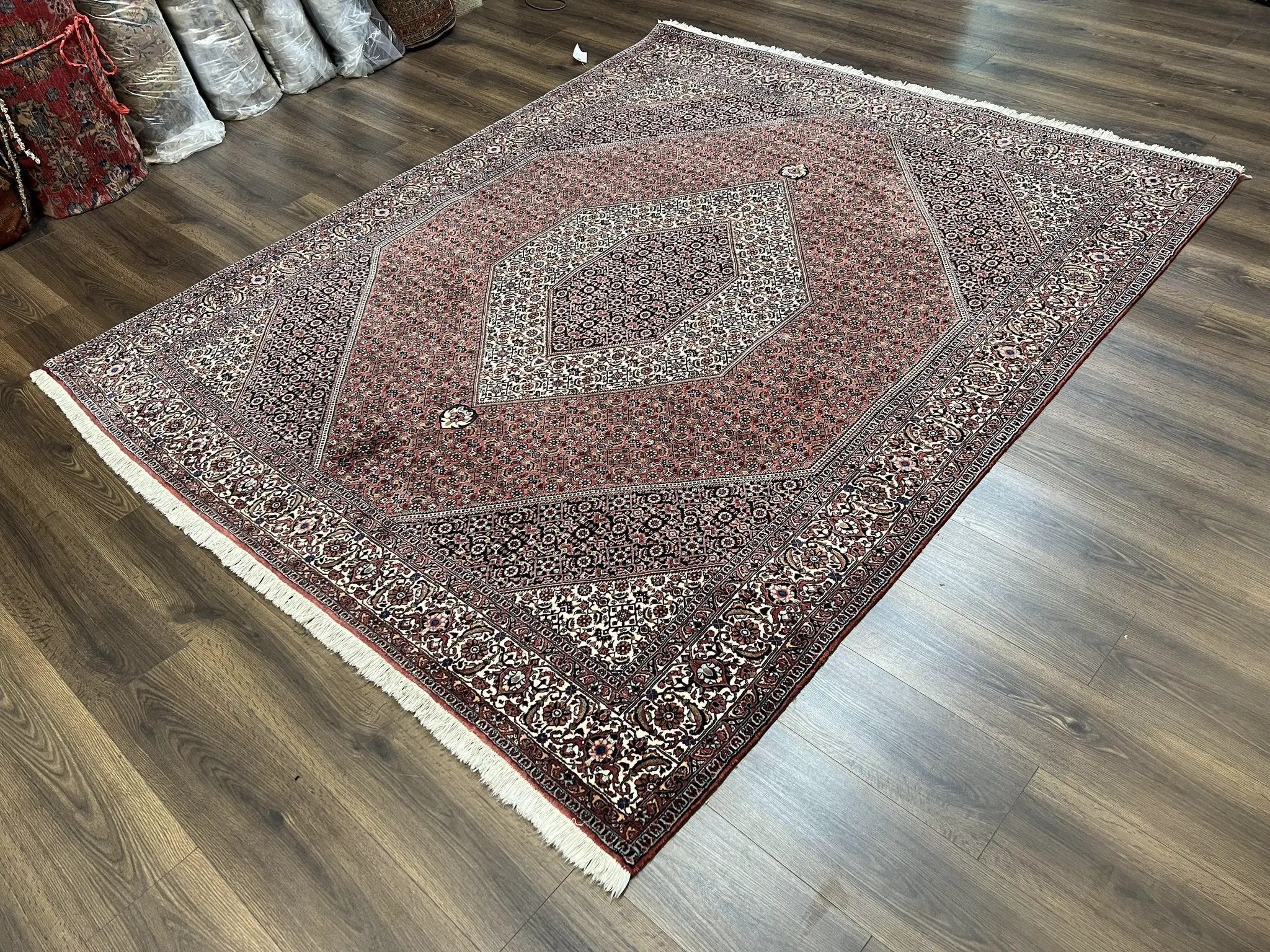 Wonderful Persian Bidjar Rug 7x8 ft, Almost Square Oriental Carpet, Herati Mahi, Highly Detailed, Ivory Red Navy Blue, Very Fine Handmade Bijar Rug by Jewel Rugs