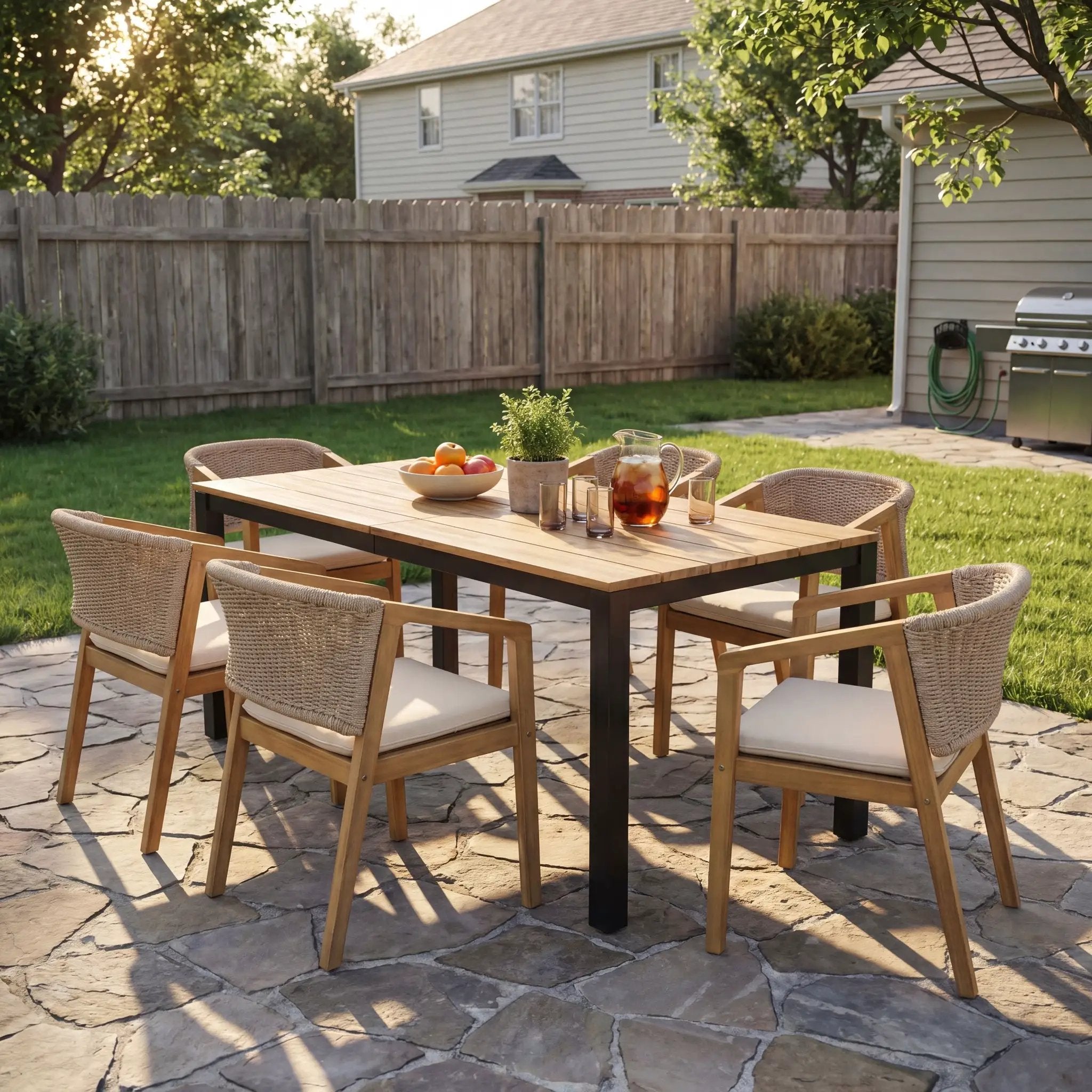 7-Piece Outdoor Dining Set, Acacia Wood Table & 6 Acacia Wood Rope Chairs by HouseOfZazla
