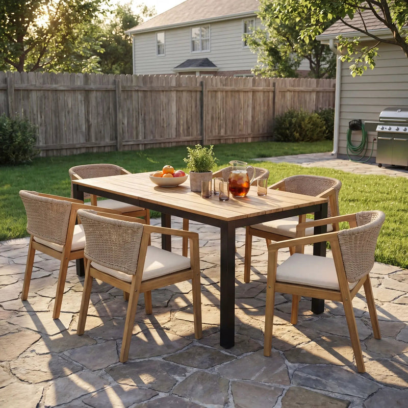 7-Piece Outdoor Dining Set, Acacia Wood Table & 6 Acacia Wood Rope Chairs by HouseOfZazla