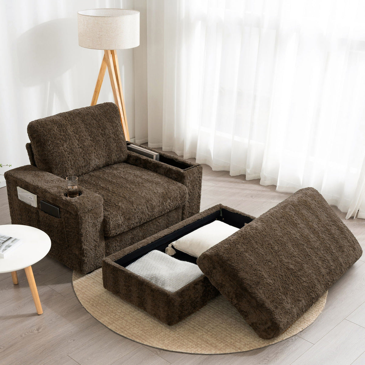 Oversized Chaise Lounge Indoor Rabbit Fur Sofa Bed With Storage Ottoman And Armrests Cup Holders With Deep Seat, photo 6 of 28