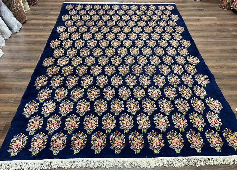 Persian Rug 9x12, Authentic Hand Knotted Carpet, Repeated Floral Motif Garden of Eden, Navy Blue Wool Rug 9 x 12, Semi Antique Kirman Rug by Jewel Rugs