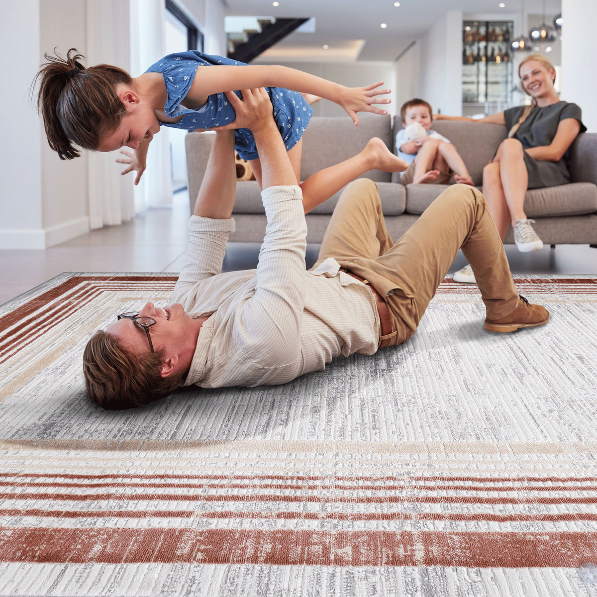 Bordered Runner Rug with Stain Resistance - Blue or Light Brown, photo 4 of 14