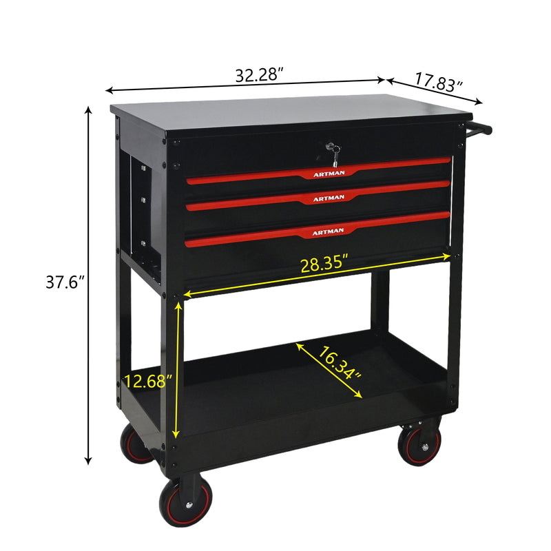 3 Drawers Multifunctional Tool Cart with Wheels and Steel Top - Black & Red by HouseOfZazla