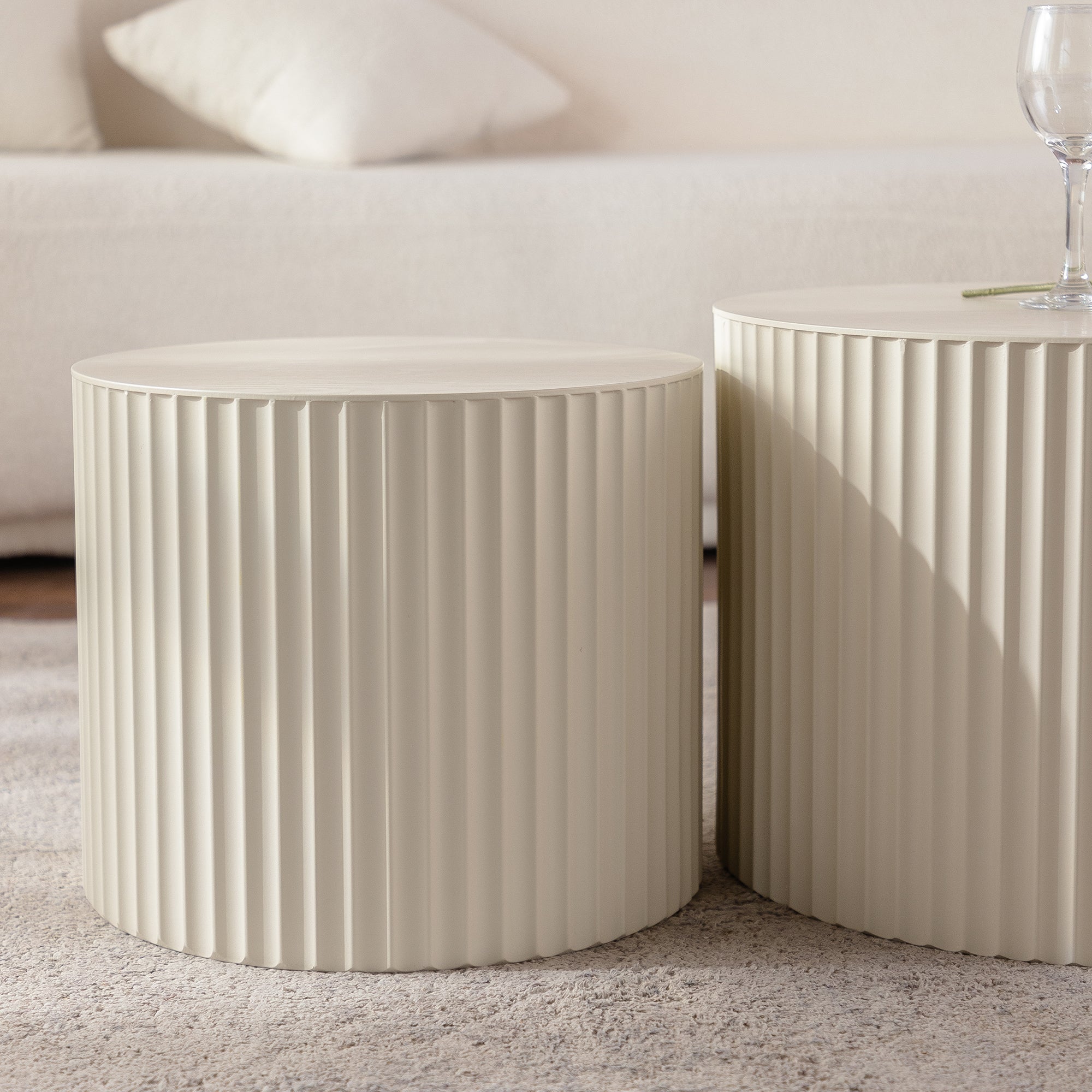 Beige Nesting Coffee Table Set of 2 Modern Drum Side Tables by HouseOfZazla