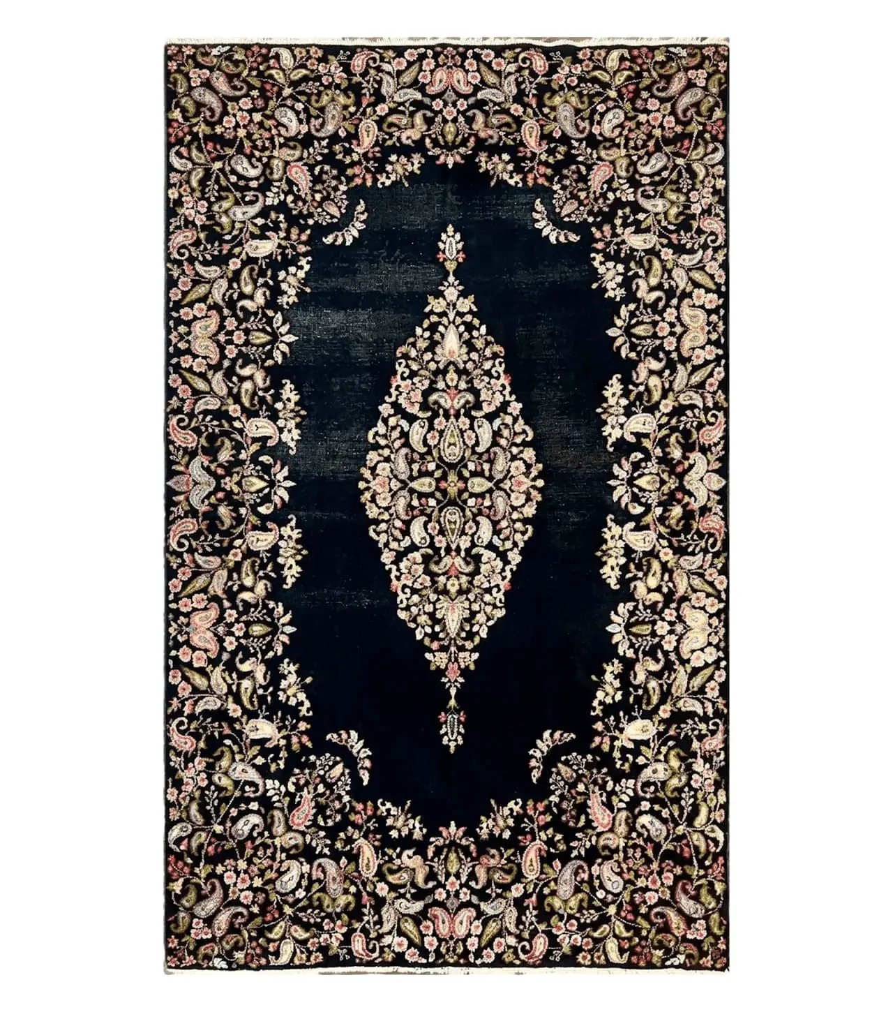 Antique Persian Kirman Rug 5x8, Floral Kirman, Midnight Blue/Black, Semi Open Field, Handmade Vintage Wool Carpet by Jewel Rugs