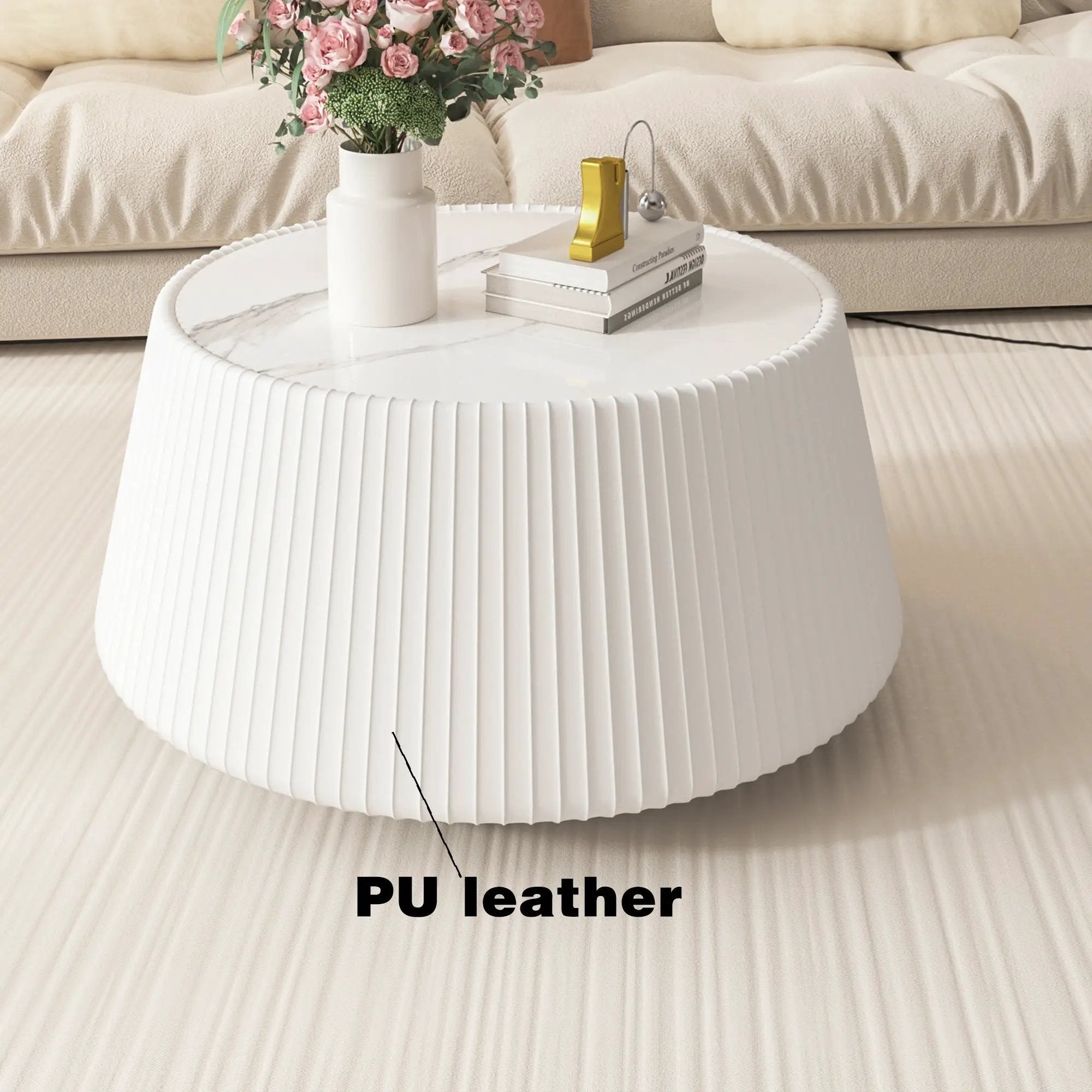 Light Sintered Stone Top Cup Shape Leather Coffee Table by HouseOfZazla