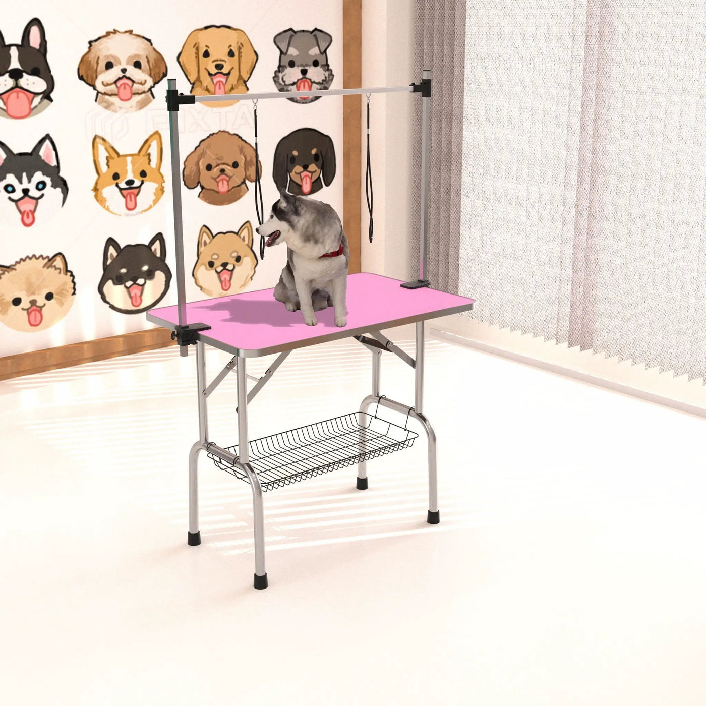Folding Dog Pet Grooming Table Stainless Steel Frame Rubber Mat On Board With Adjustable Arm And Clamps Pet Dog Cat Grooming Table by HouseOfZazla