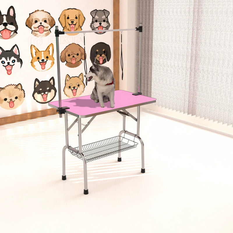 Folding Dog Pet Grooming Table Stainless Steel Frame Rubber Mat On Board With Adjustable Arm And Clamps Pet Dog Cat Grooming Table by HouseOfZazla