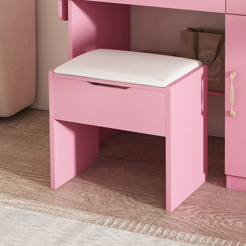 Vanity Desk With LED Mirror Lights And Power Outlet Charging Station, 3 Drawers, 7 Shelves, Storage Stool - Pink by HouseOfZazla