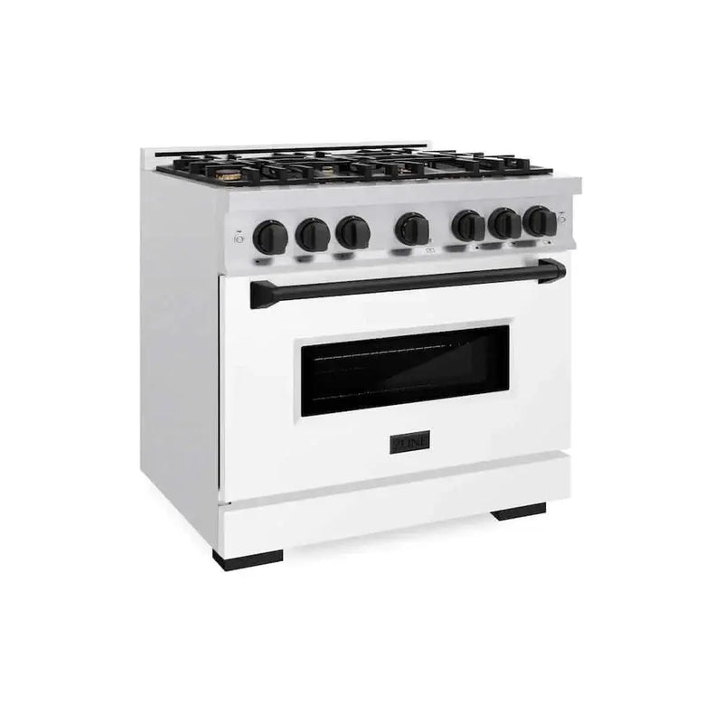 ZLINE 36"Classic Gas Range, Convection Gas Oven, DuraSnow® Stainless Steel, White Matte Door Matte Black CGRSZ-WM-36-MB by Farmhouse Kitchen and Bath