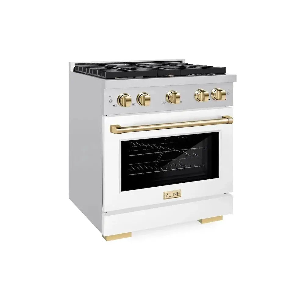 ZLINE 30"Paramount Dual Fuel Range White Matte Gold SDRZ-WM-30-G by Farmhouse Kitchen and Bath