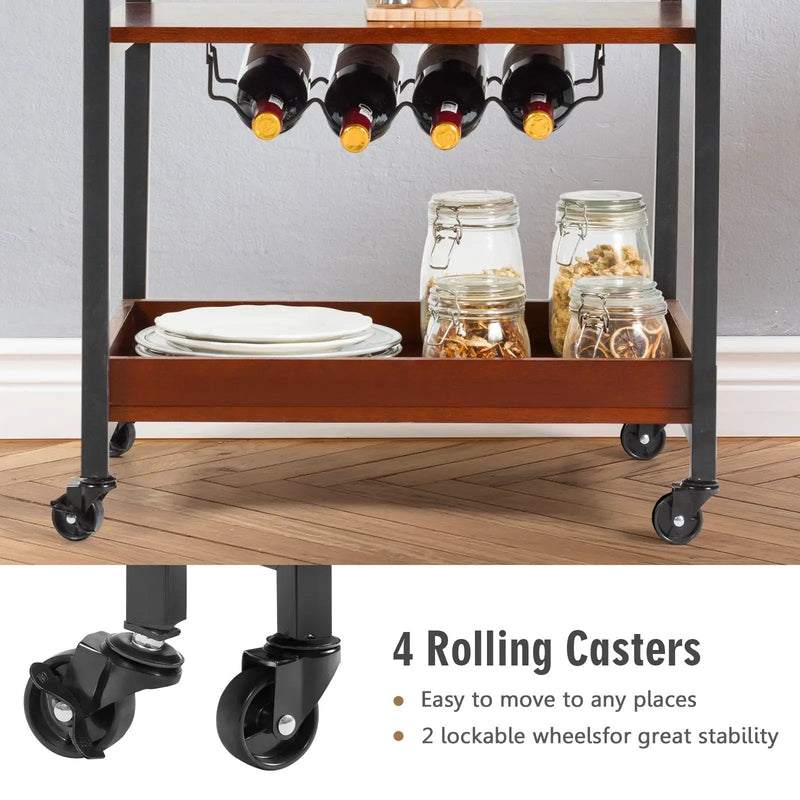3 Tiers Kitchen Island Serving Bar Cart with Glasses Holder and Wine Bottle Rack by DirectDeals