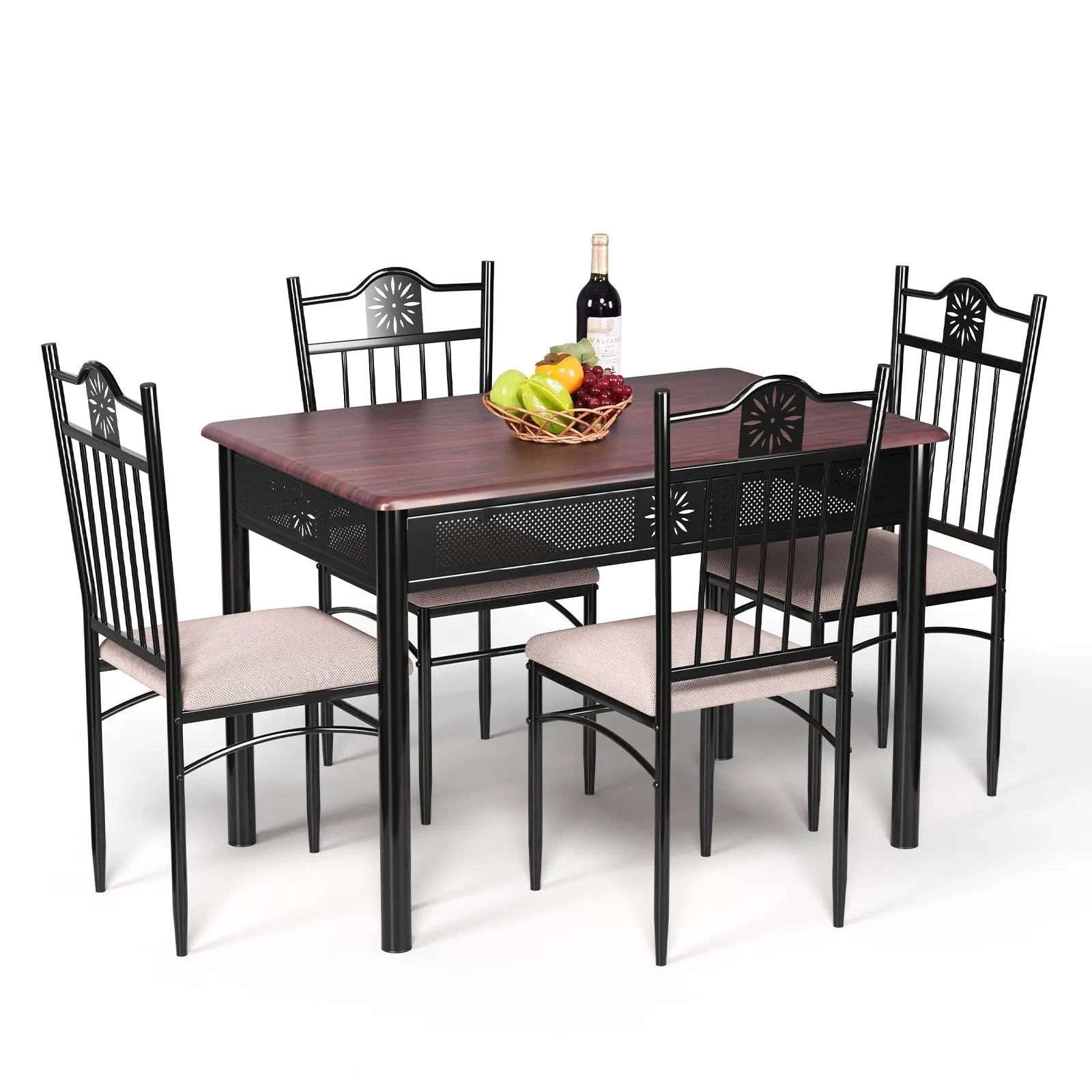5 Pcs Dining Set Wood Metal Table and 4 Chairs with Cushions by DirectDeals