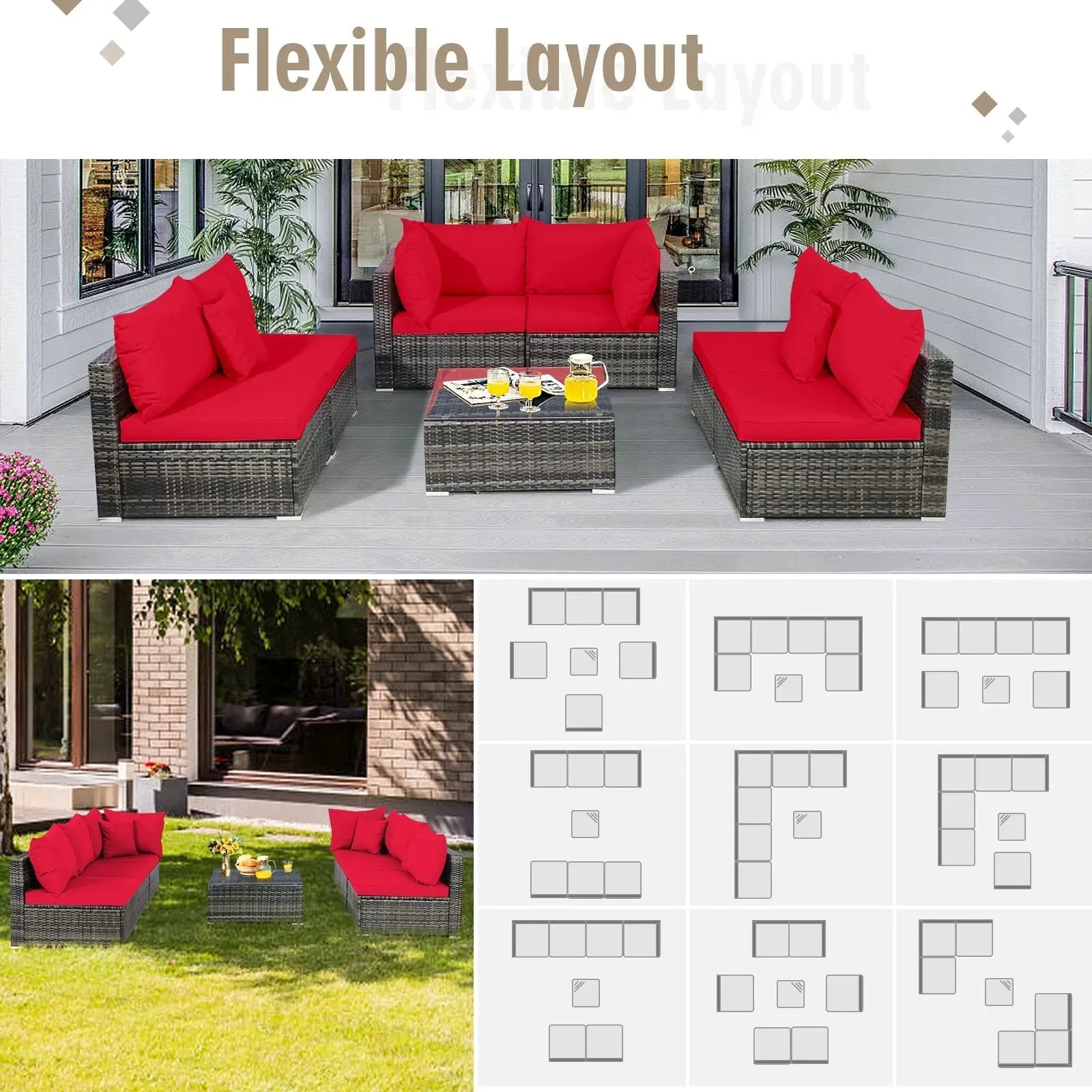 7 Pieces Patio Rattan Furniture Set Sectional Sofa Garden Cushion by DirectDeals