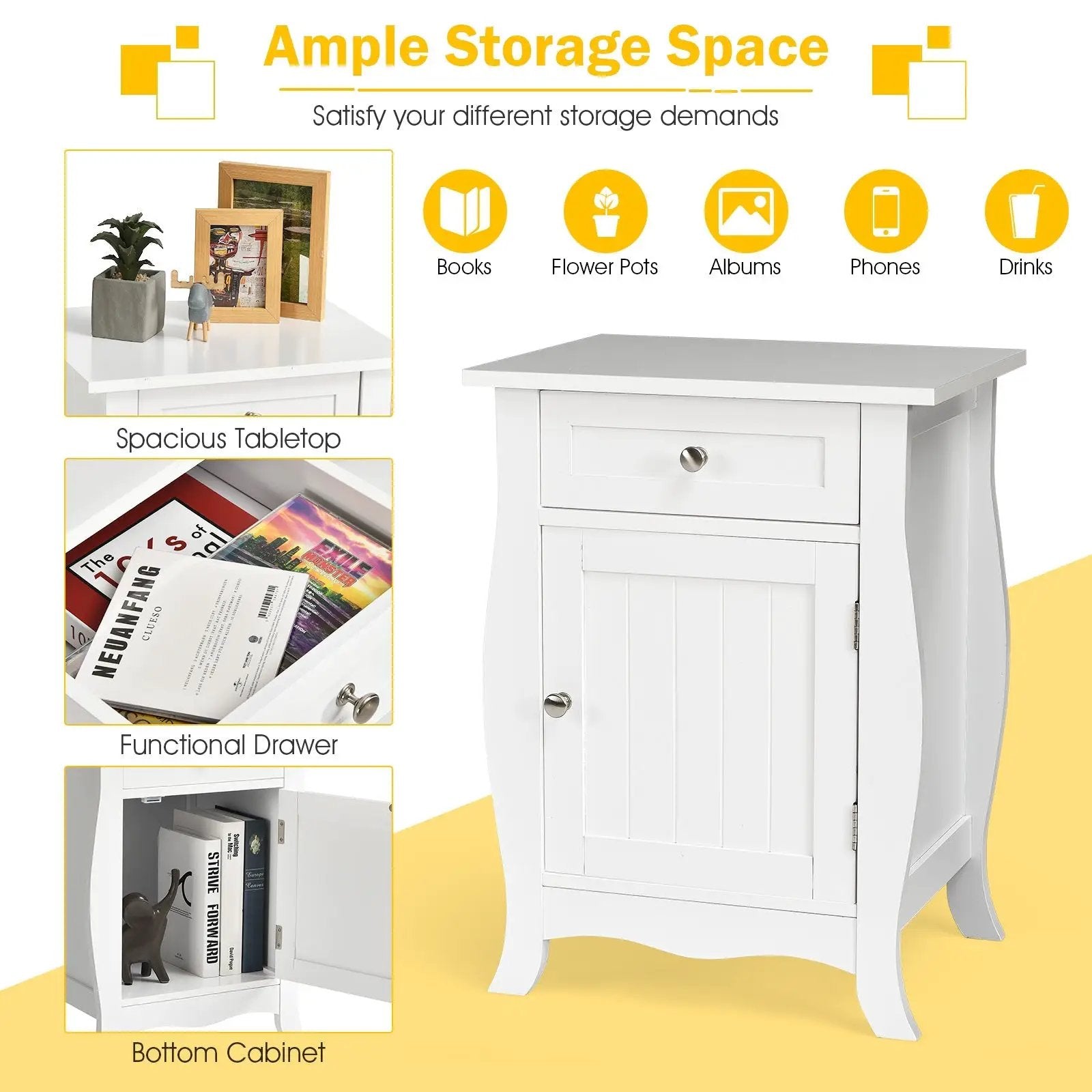 Wooden Accent End Table with Drawer Storage Cabinet Nightstand-White by DirectDeals
