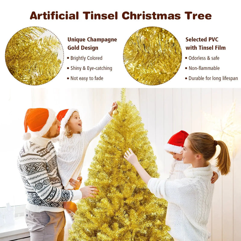 6/7.5 Feet Artificial Tinsel Christmas Tree Hinged with Foldable Stand by DirectDeals