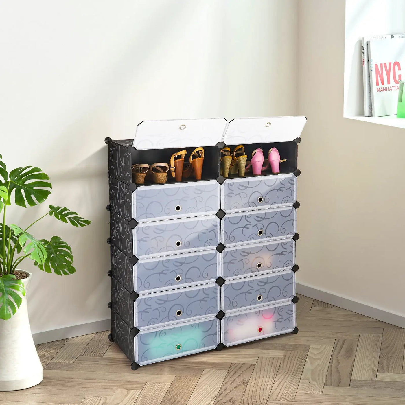 12-Cube DIY Portable Plastic Shoe Rack with Transparent Doors by DirectDeals